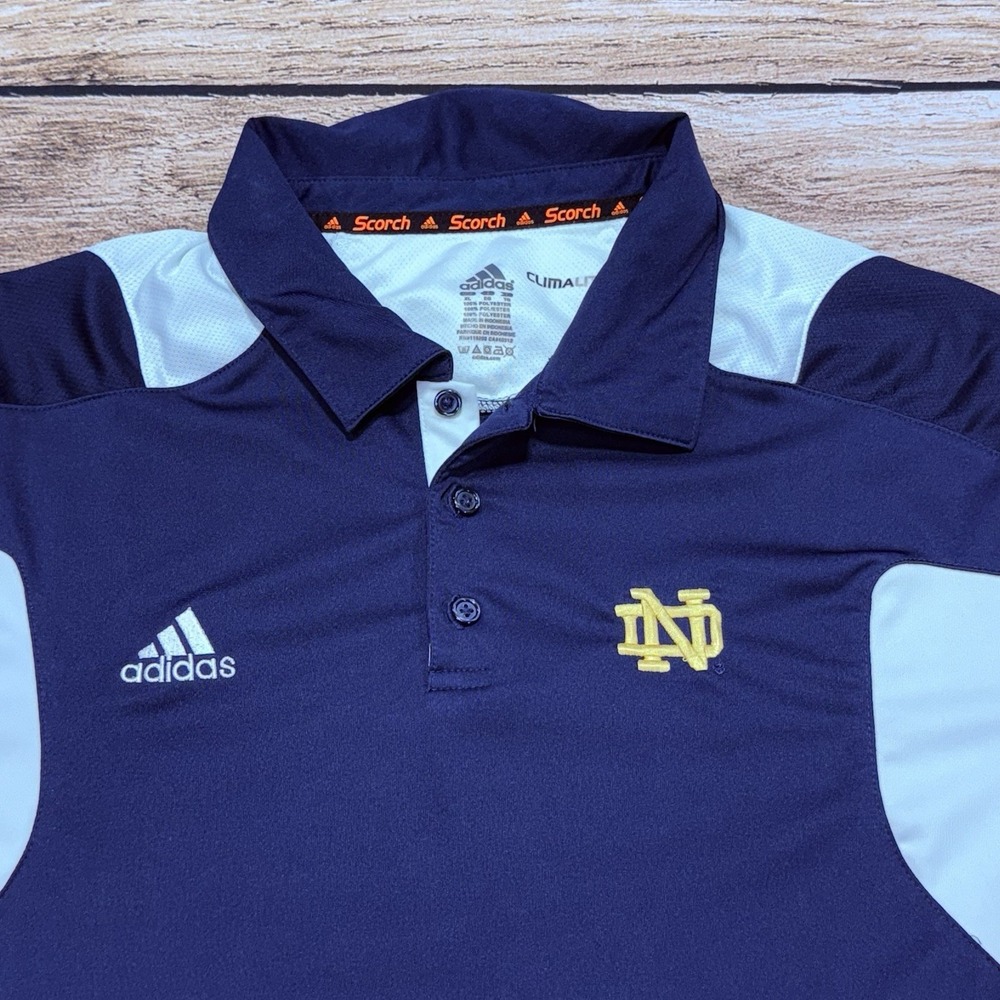 adidas Notre Dame Polo Shirt Mens XL Blue Scorch Climalite Golf Stretch 3 Stripe